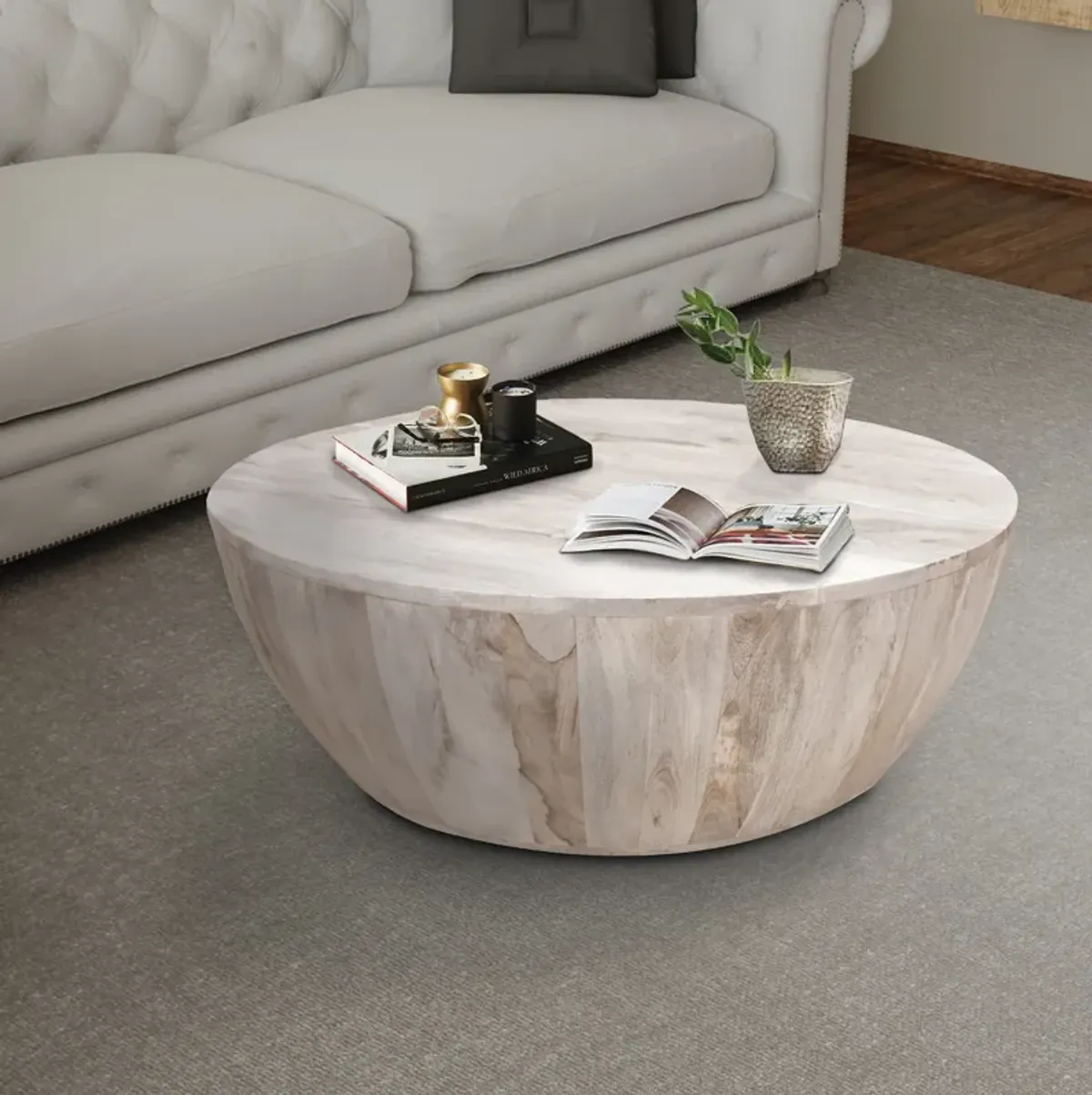 12 Inch Round Mango Wood Coffee Table, Subtle Grains, Distressed White-Benzara