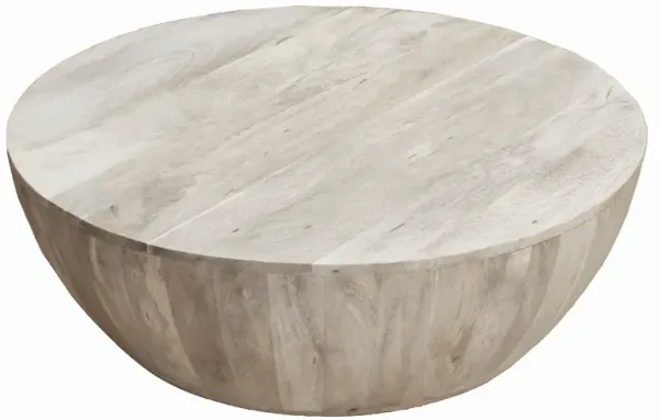 Arthur 35.5 Inch Round Mango Wood Coffee Table, Subtle Grains, Distressed White - Benzara