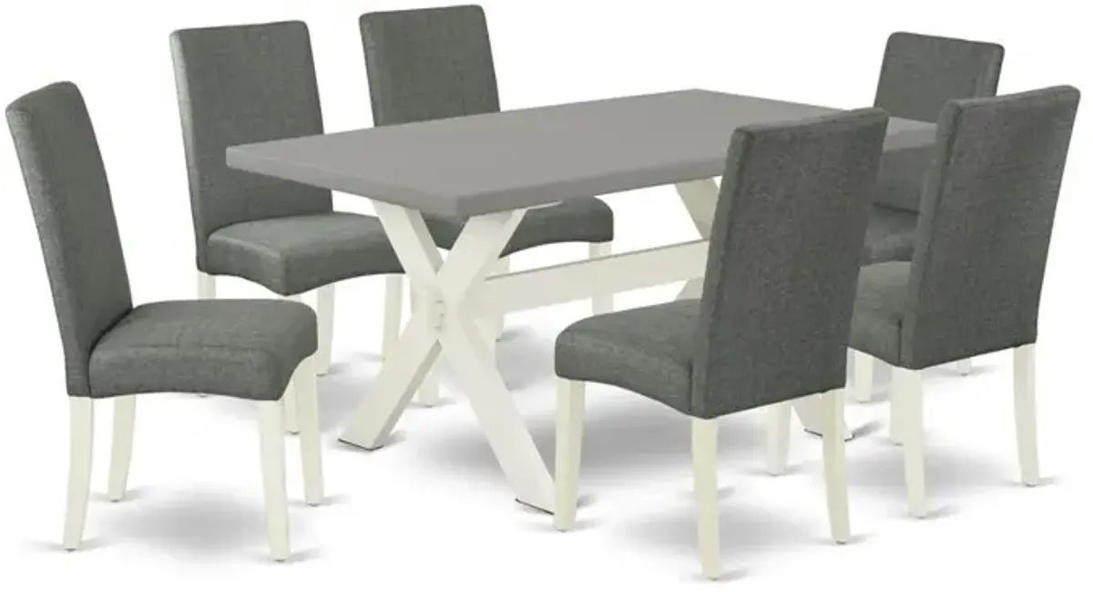 East West Furniture X096DR207-7 7-Pc Modern Dining Table Set - 6 Dining Room Chairs and 1 Modern Rectangular Cement Dining Room Table Top with High Chair Back - Linen White Finish
