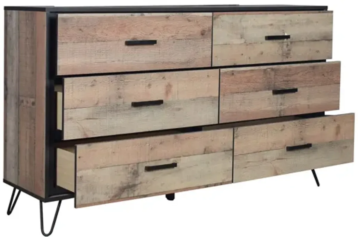 Benjara Lala 58 Inch Dresser, 6 Drawers, Handles, Rustic Wood Finish, Brown, Black