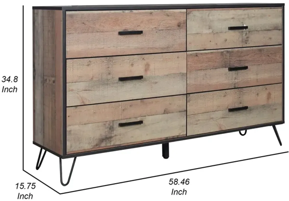 Benjara Lala 58 Inch Dresser, 6 Drawers, Handles, Rustic Wood Finish, Brown, Black