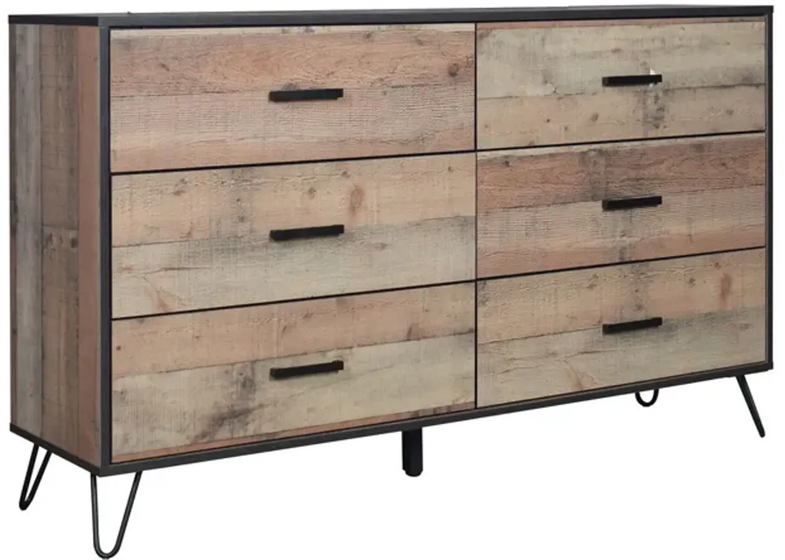 Benjara Lala 58 Inch Dresser, 6 Drawers, Handles, Rustic Wood Finish, Brown, Black