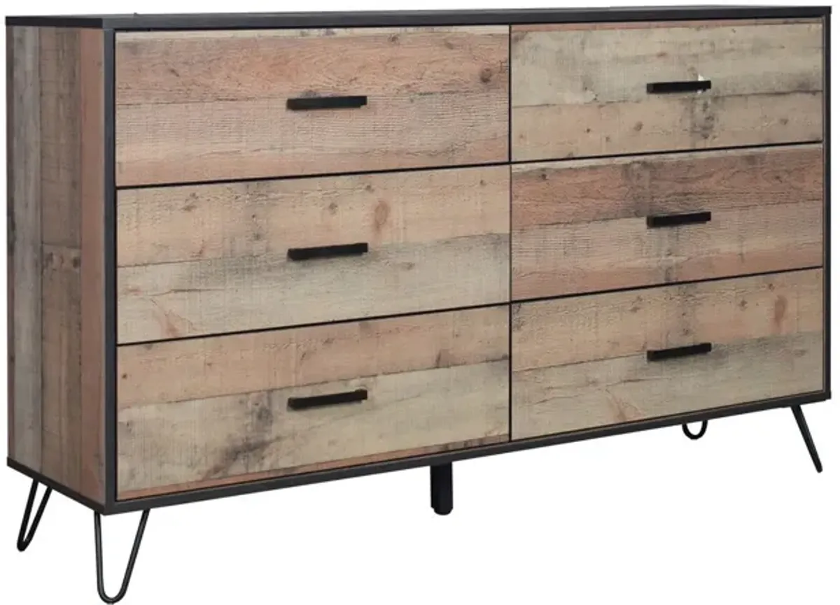 Benjara Lala 58 Inch Dresser, 6 Drawers, Handles, Rustic Wood Finish, Brown, Black