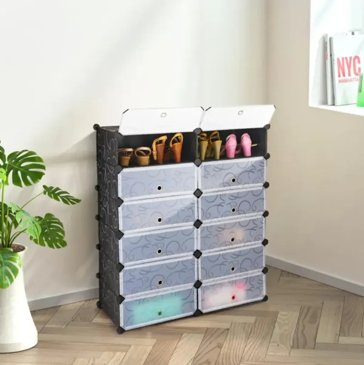 Hivvago 12-Cube DIY Portable Plastic Shoe Rack with 6-Tier Transparent Doors