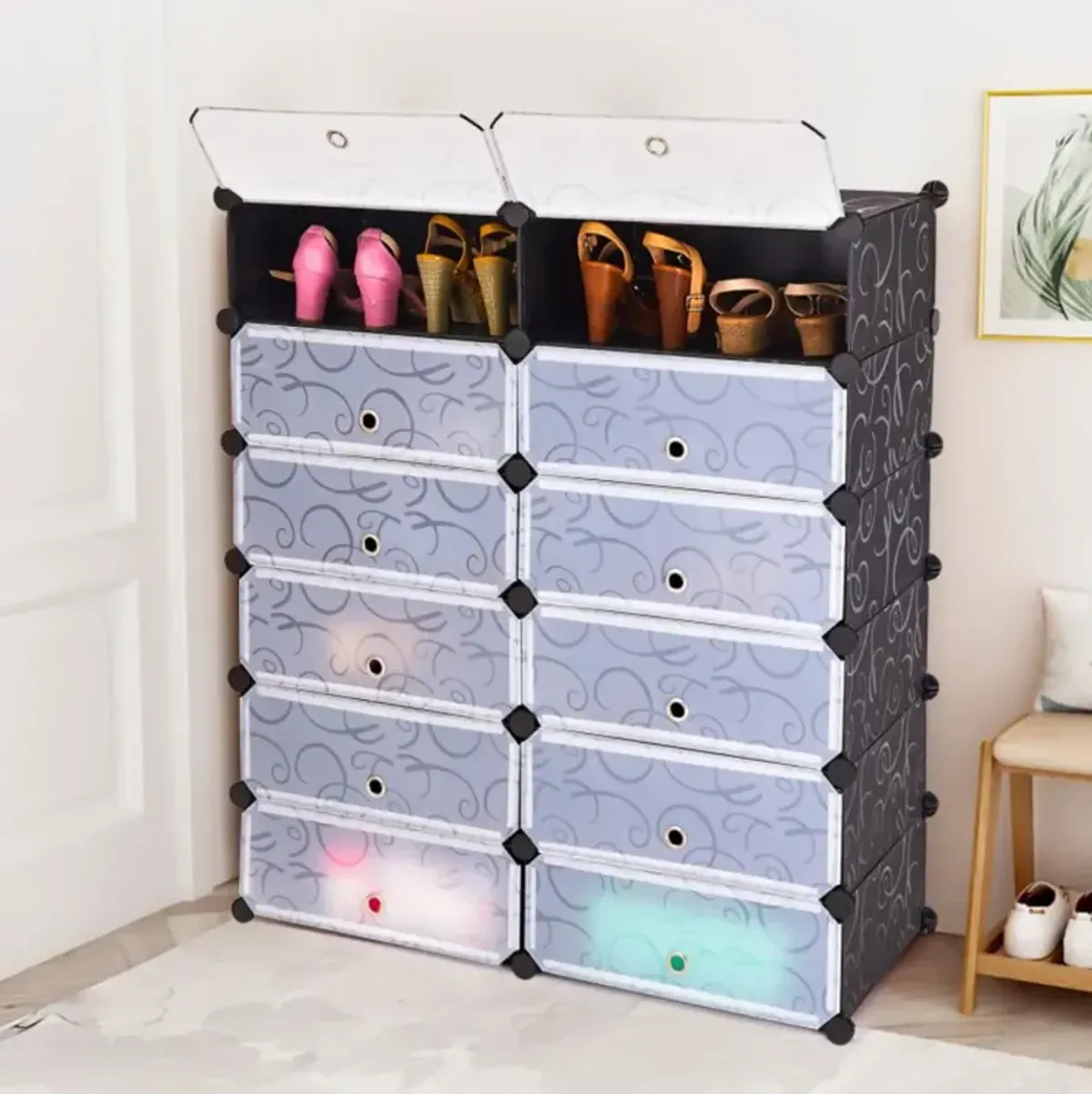 Hivvago 12-Cube DIY Portable Plastic Shoe Rack with 6-Tier Transparent Doors