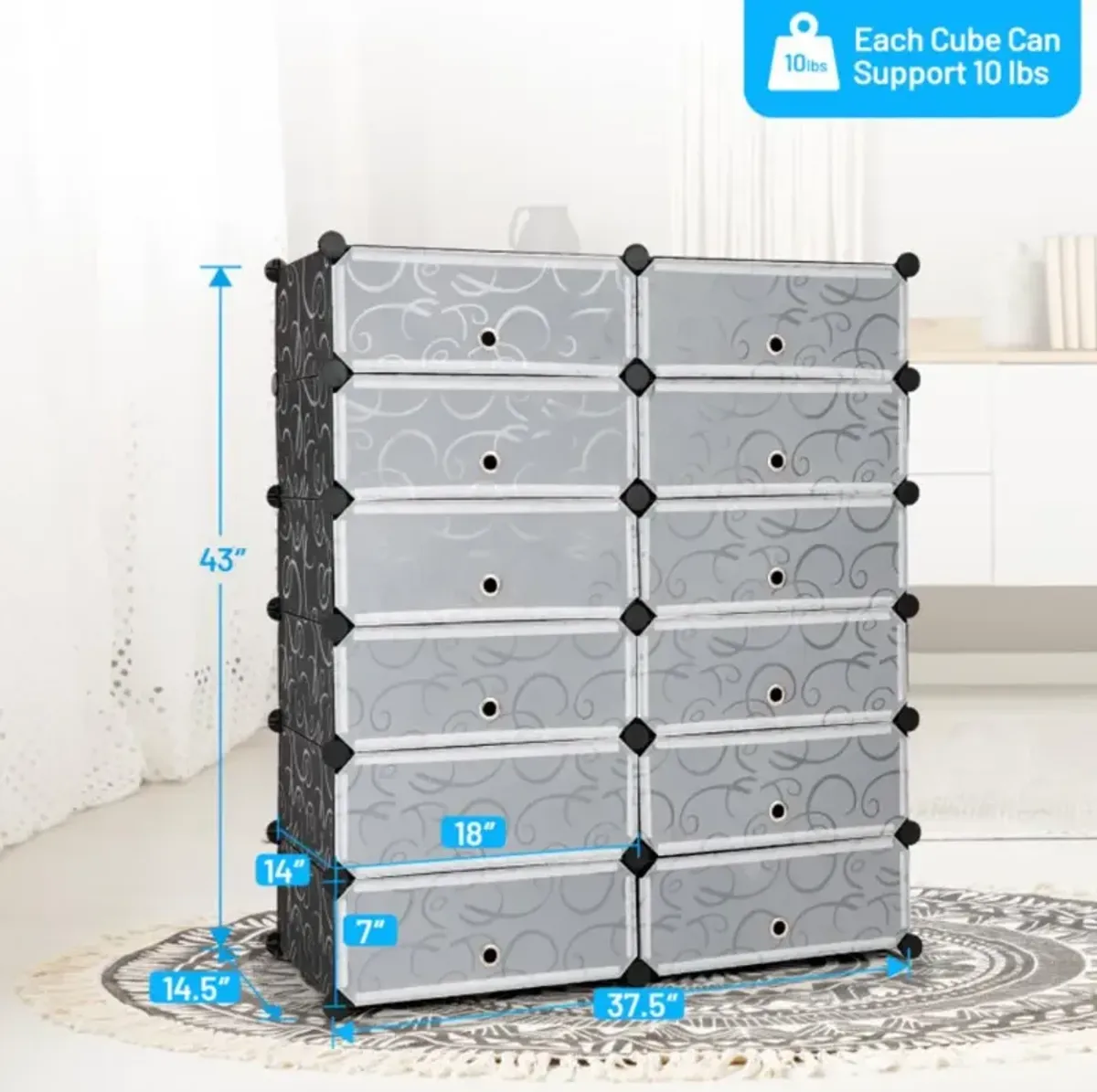 Hivvago 12-Cube DIY Portable Plastic Shoe Rack with 6-Tier Transparent Doors