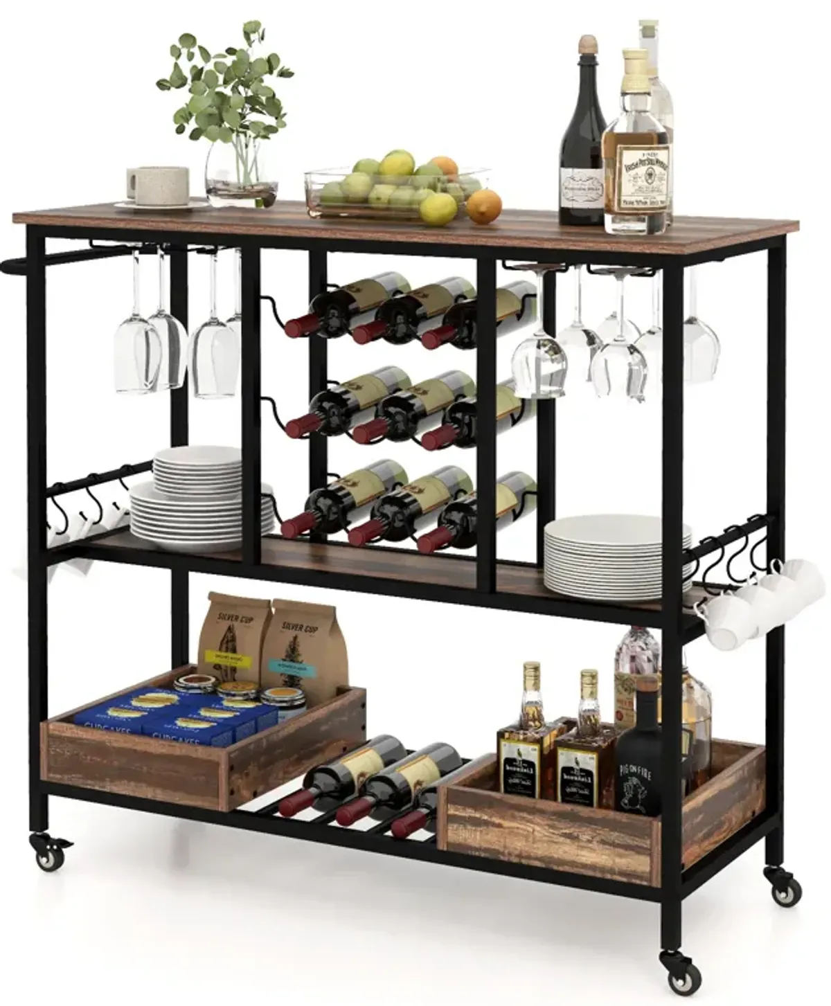 3 Tiers Bar Cart on Wheels with Glass Racks