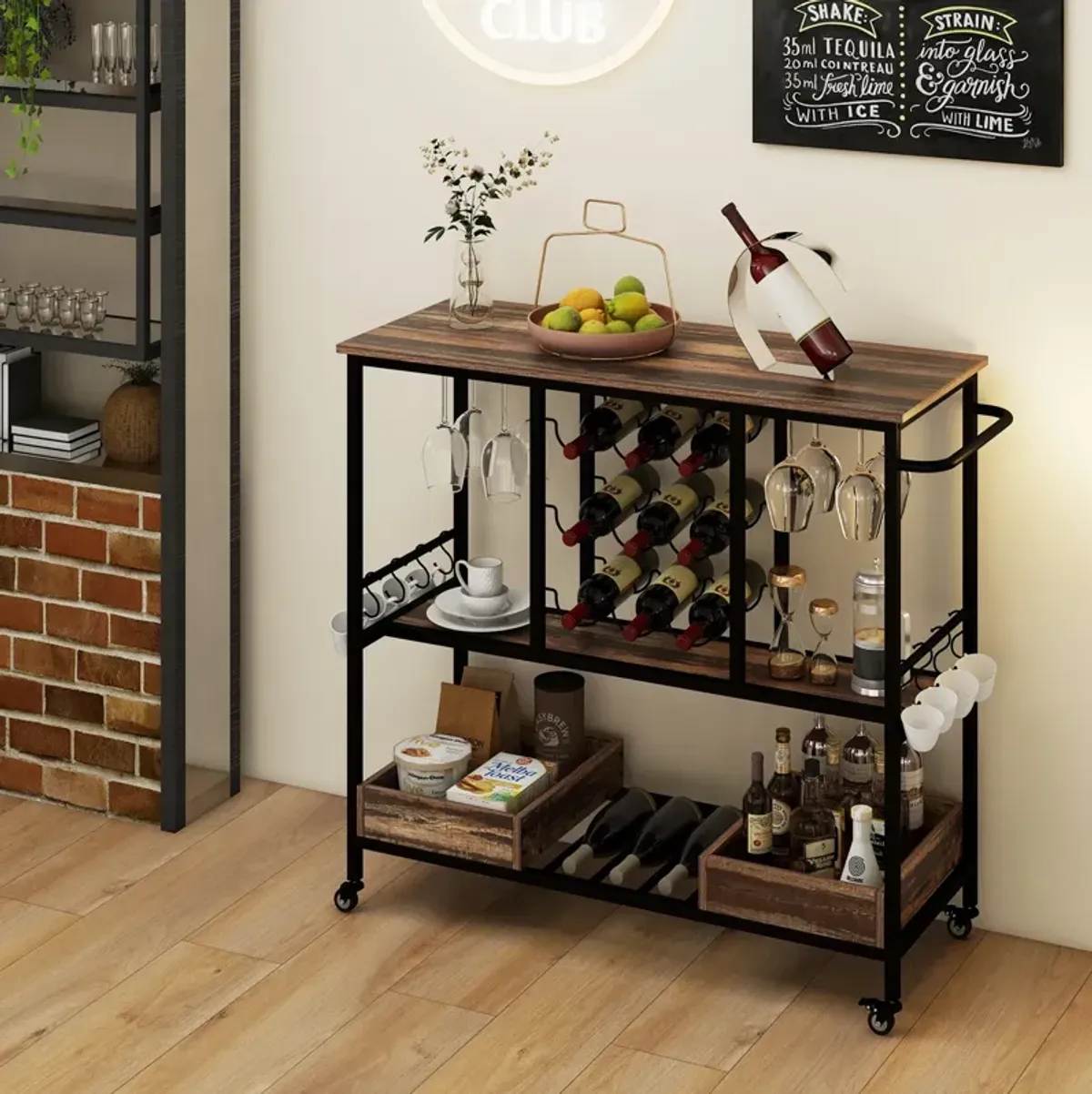 3 Tiers Bar Cart on Wheels with Glass Racks