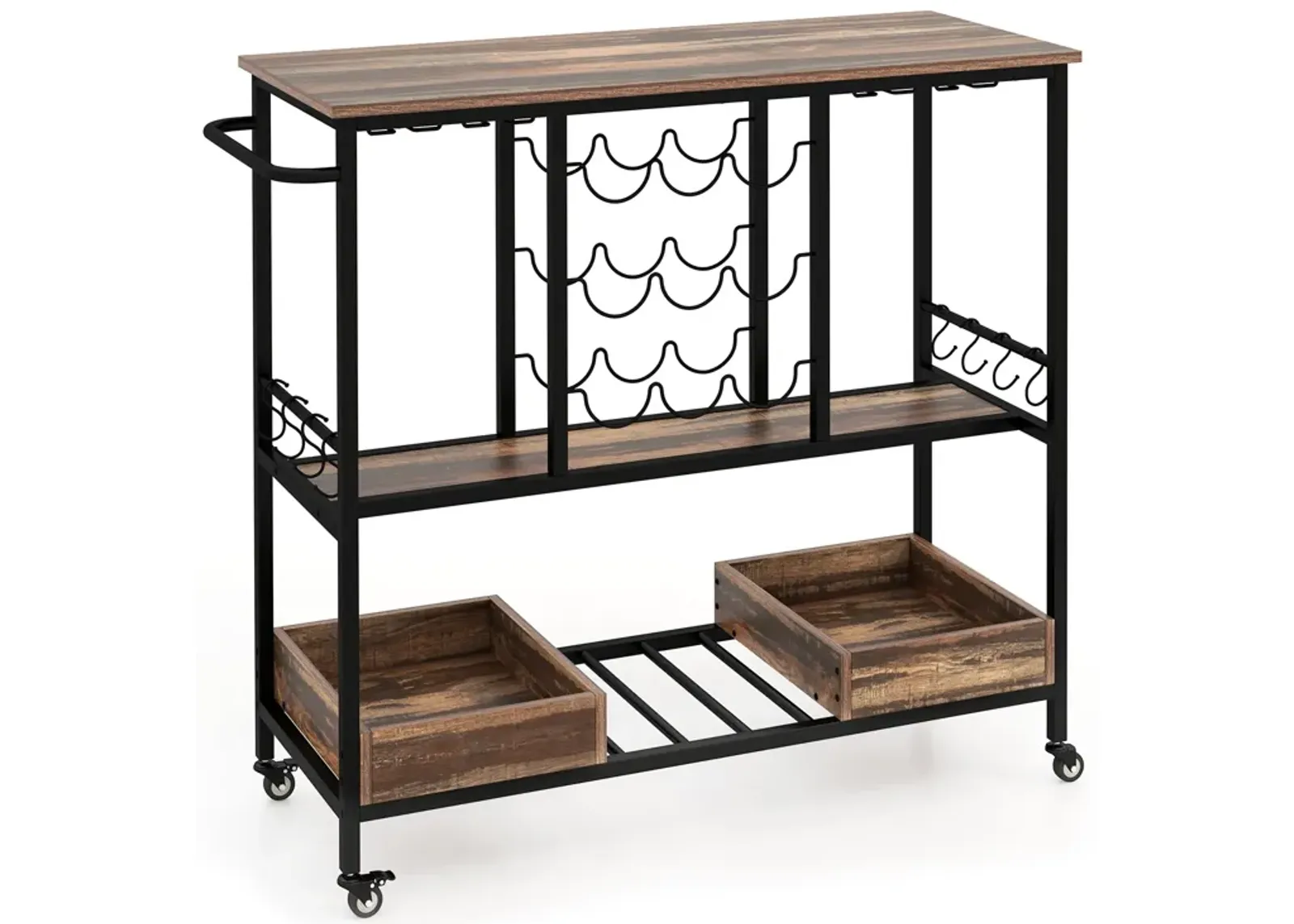 3 Tiers Bar Cart on Wheels with Glass Racks