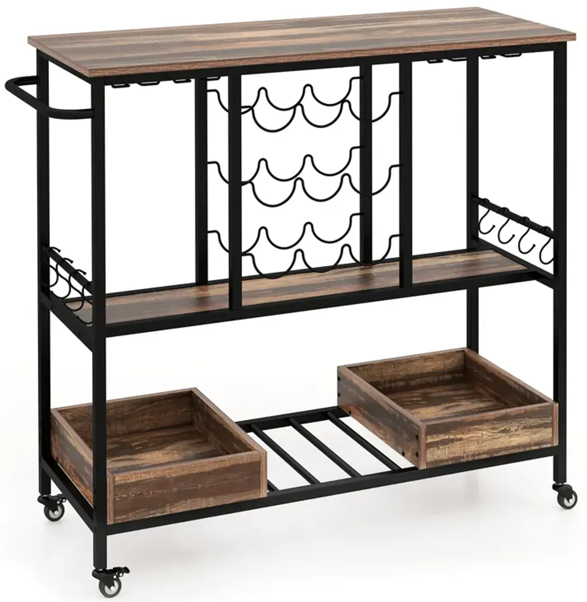 3 Tiers Bar Cart on Wheels with Glass Racks