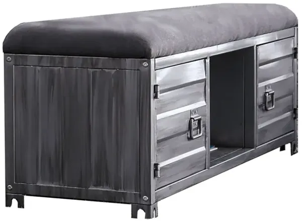 Industrial Cushioned Metal Bench with 2 Cabinets and Open Shelf, Gray-Benzara