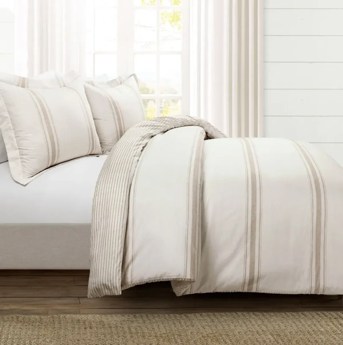 Farmhouse Stripe Reversible Cotton Duvet Cover 3Pc Set