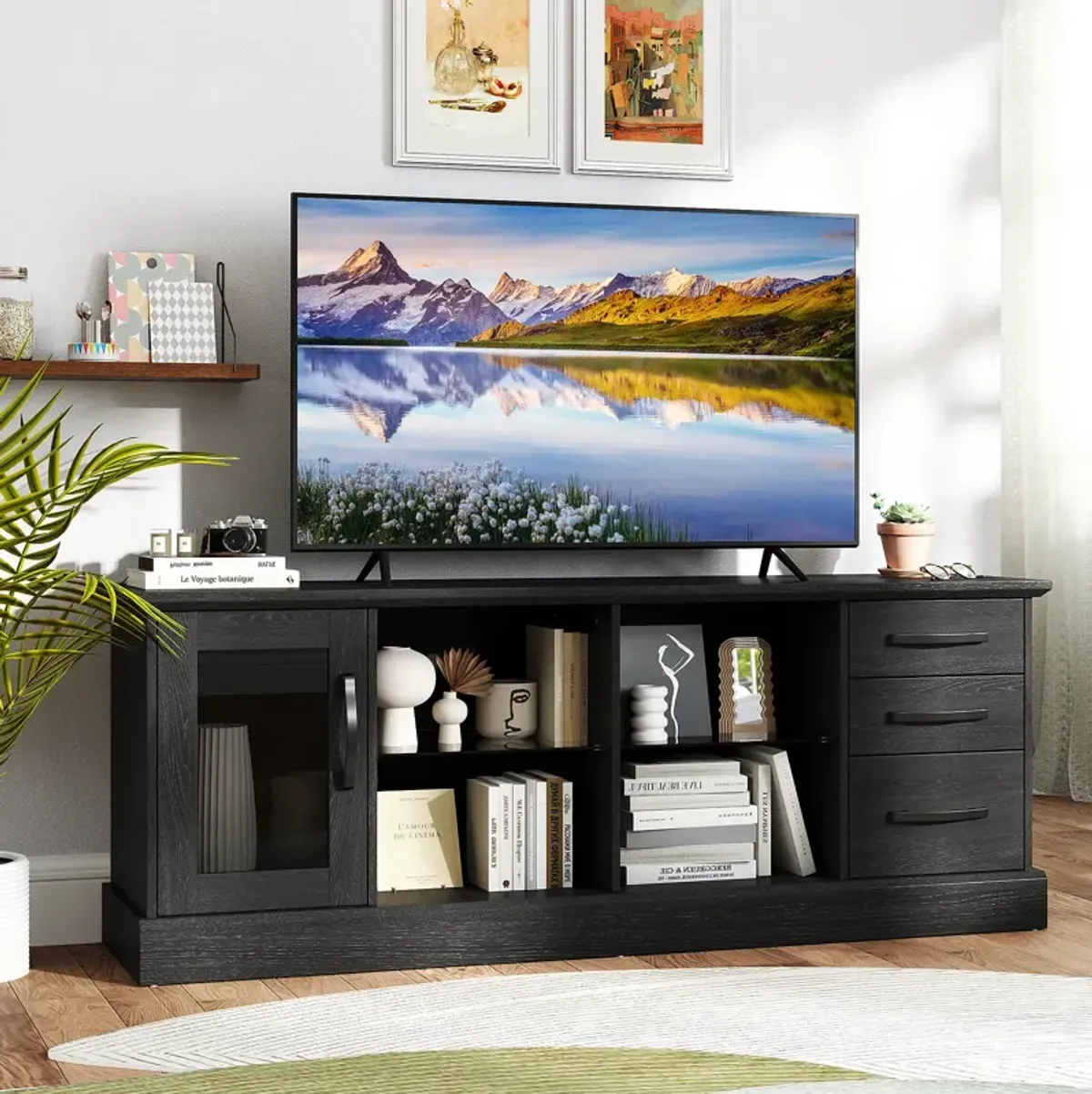Media Console Table with 3 Drawers and 2 Glass Shelves for Stylish TV and Media Storage