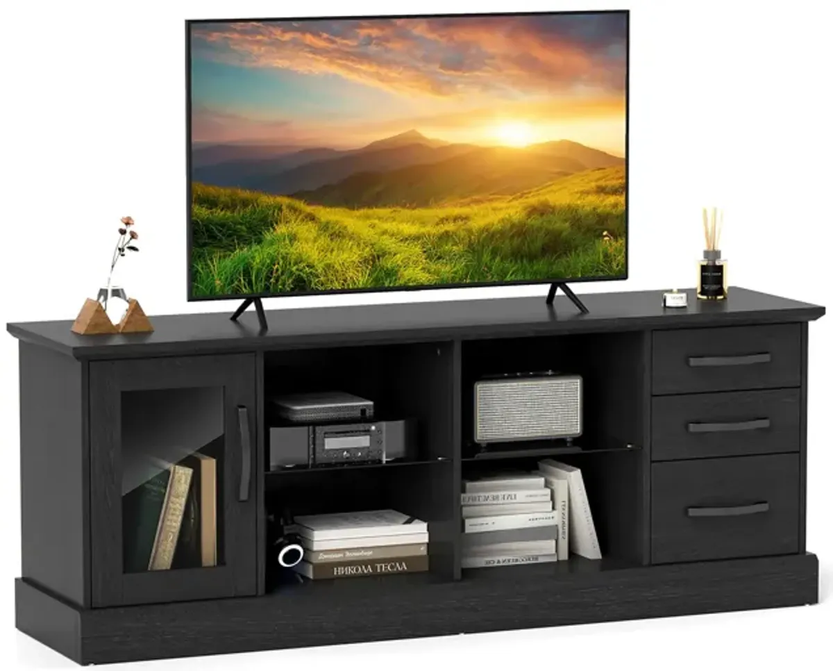 Media Console Table with 3 Drawers and 2 Glass Shelves for Stylish TV and Media Storage