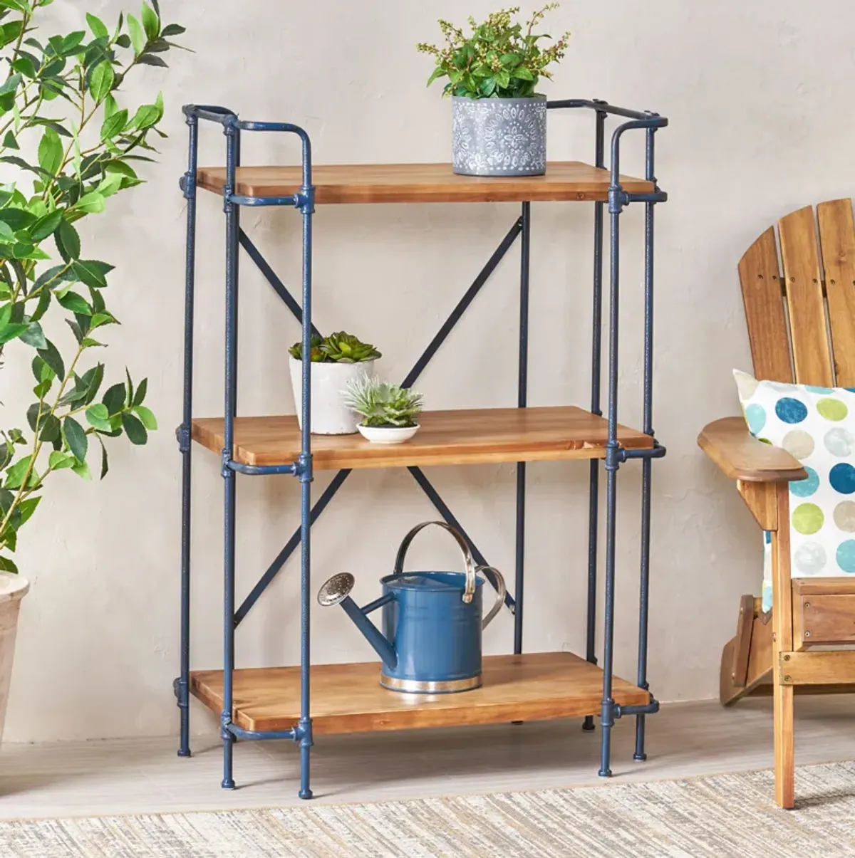 Industrial Etagere Bookcase Metal and Fir Wood