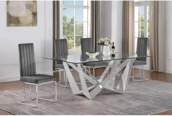5pc Small(78") glass dining set with silver base and 4 Dark grey side chairs