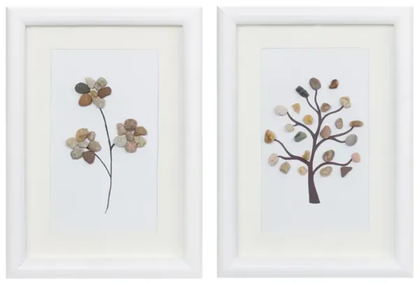 Set of 2 Framed Tree and Floral Pebble Art for Rustic and Elegant Styling