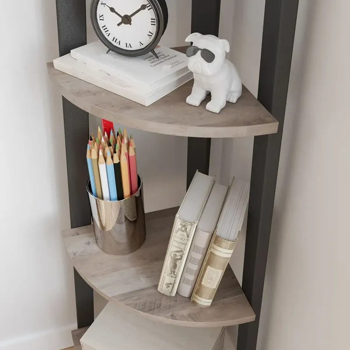 Stylish 4-Tier Corner Bookcase Greige and Black Storage Rack for Home Office and Plants