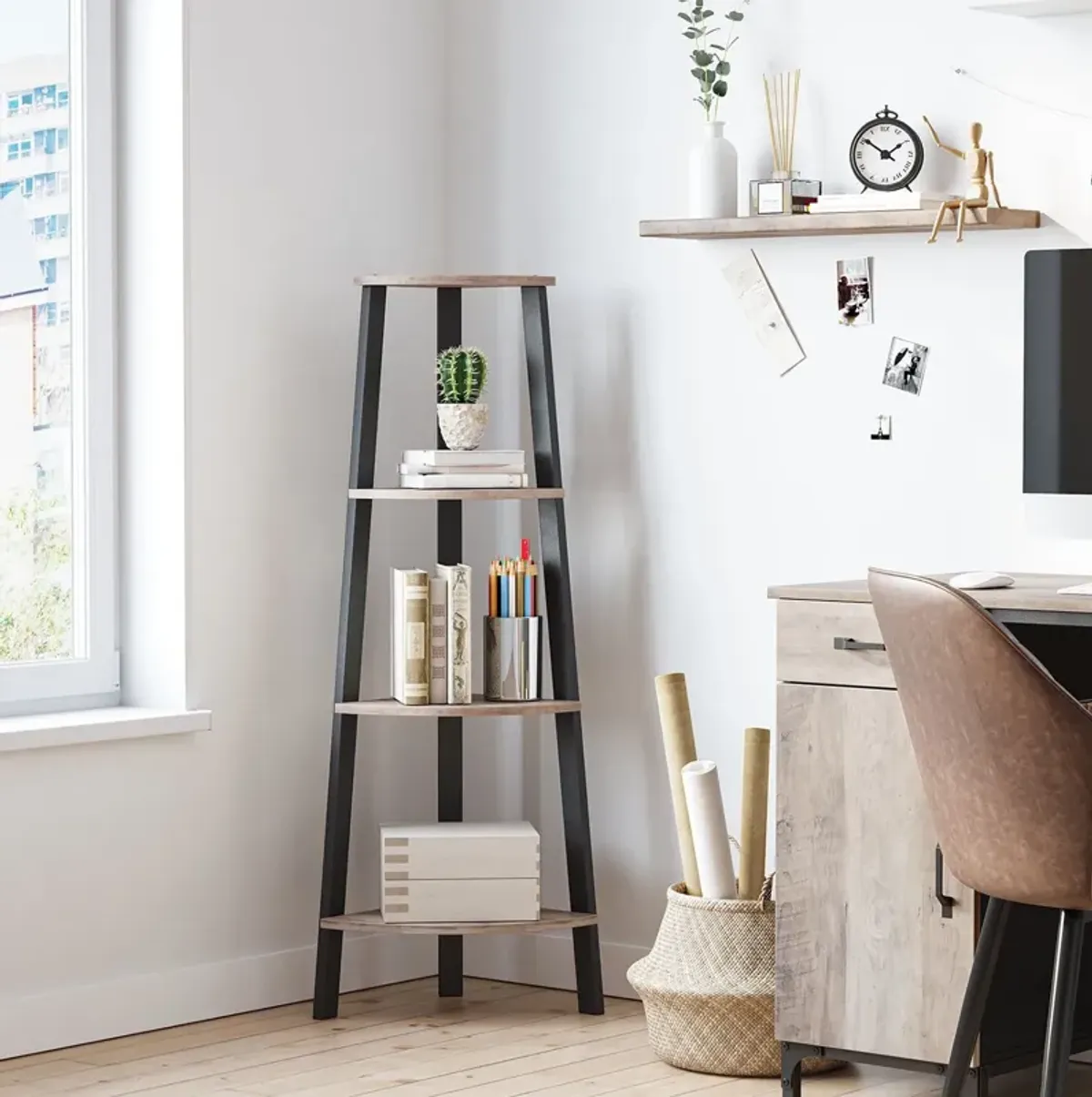 Stylish 4-Tier Corner Bookcase Greige and Black Storage Rack for Home Office and Plants