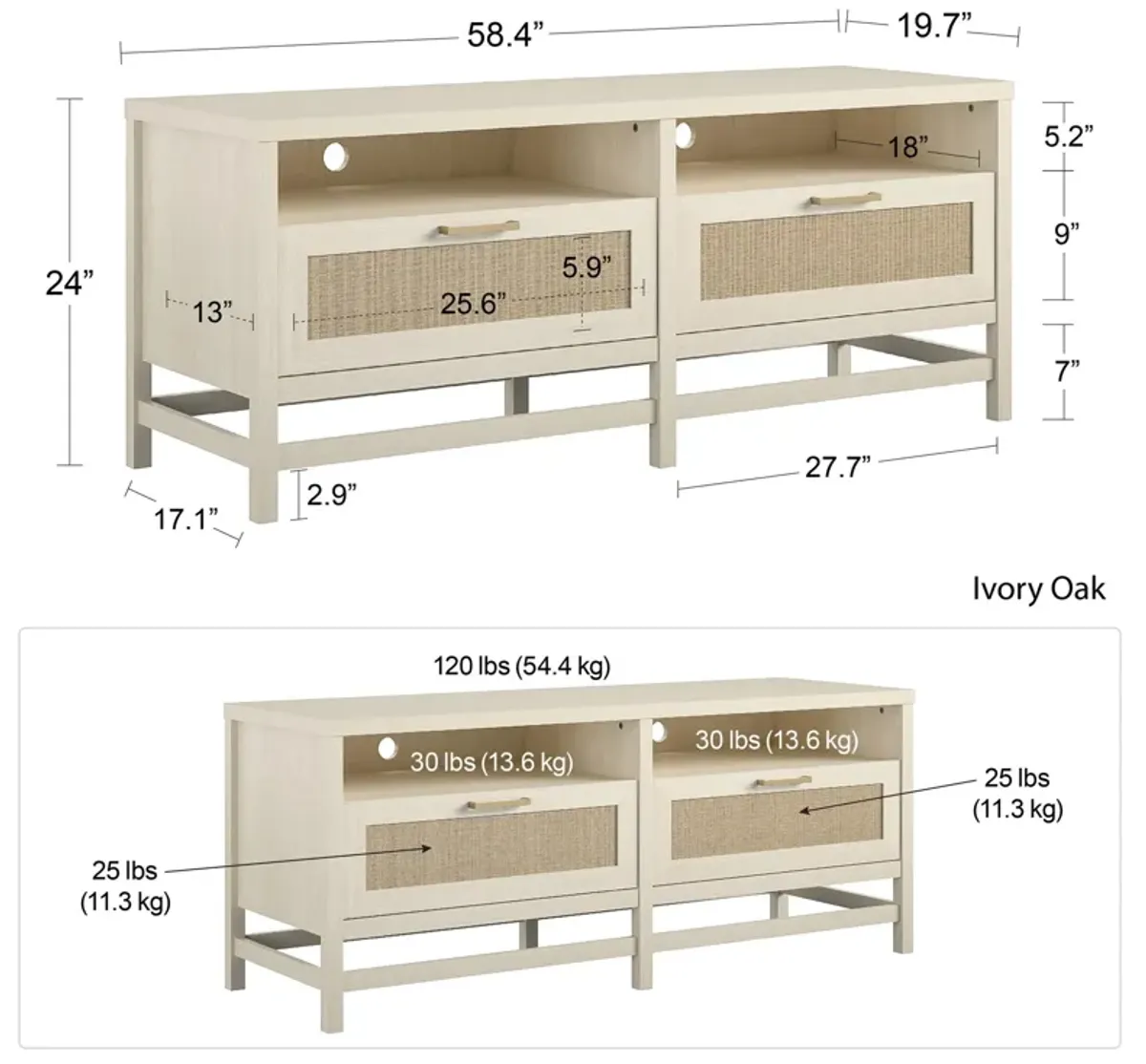 Lennon TV Stand for TVs up to 60", Ivory Oak and Faux Rattan