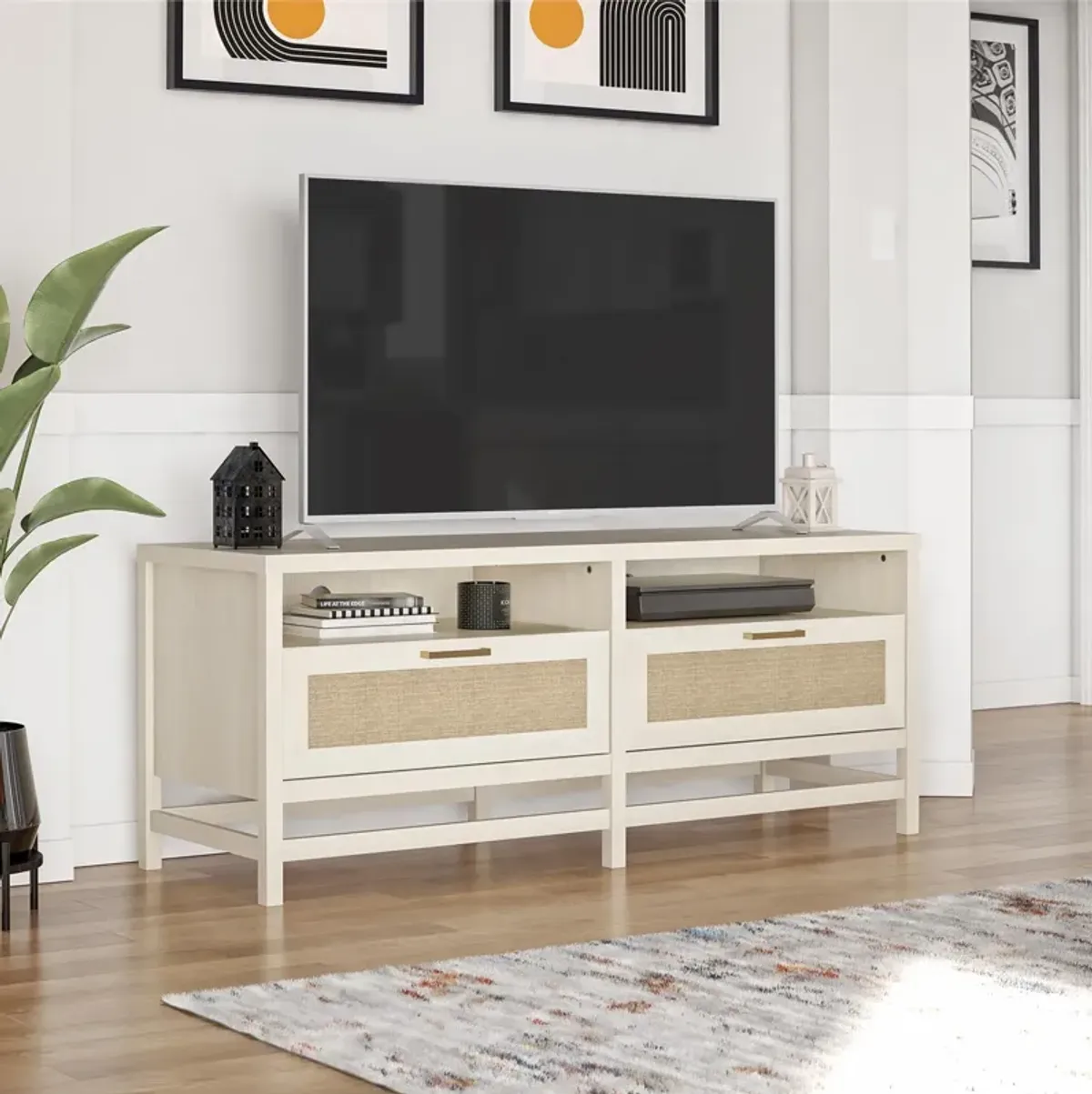 Lennon TV Stand for TVs up to 60", Ivory Oak and Faux Rattan