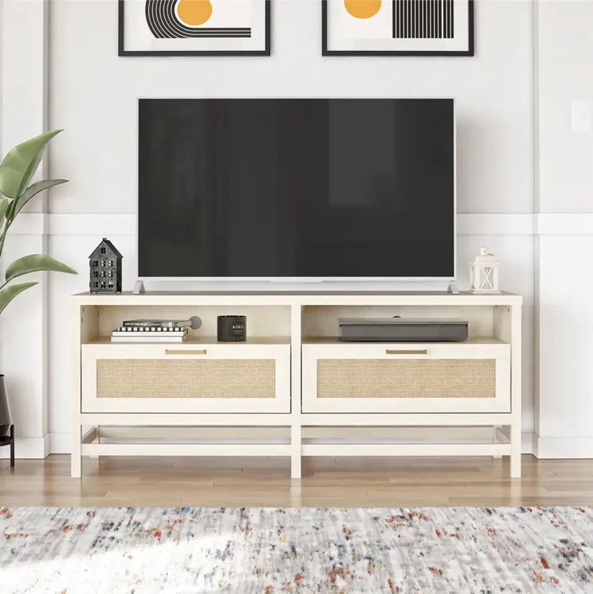 Lennon TV Stand for TVs up to 60", Ivory Oak and Faux Rattan