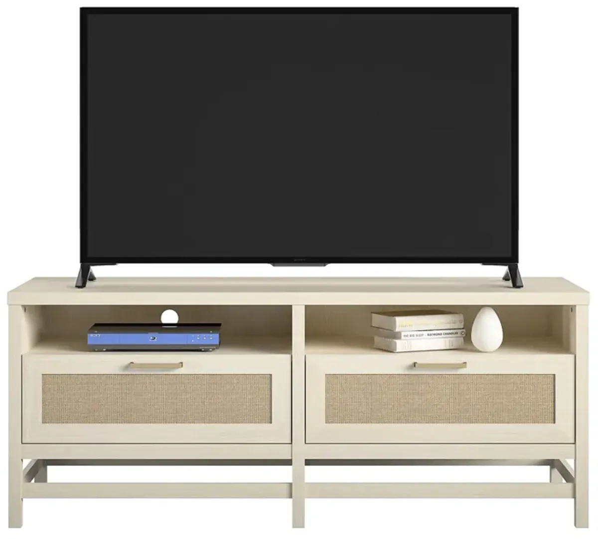 Lennon TV Stand for TVs up to 60", Ivory Oak and Faux Rattan