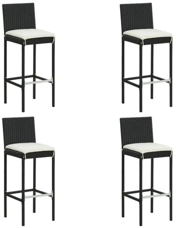 Nyra Garden Barstool Chair Set of 4, White Cushions, Black Rattan - Benzara