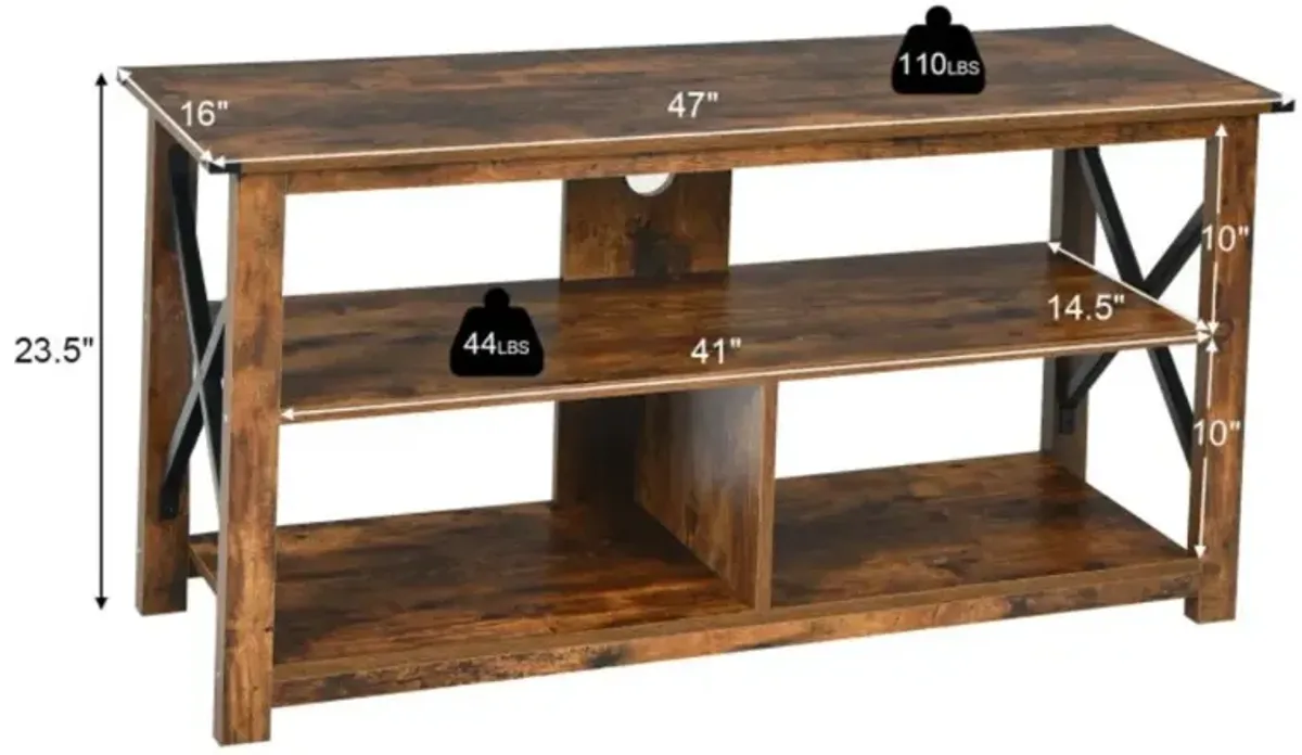 Hivvago 3 Tier Wood TV Stand for 55-Inch with Open Shelves and X-Shaped Frame