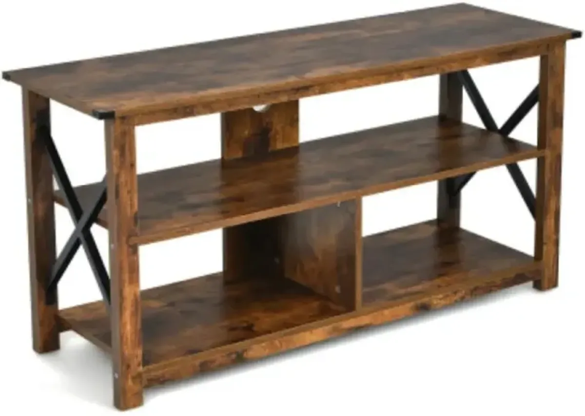 Hivvago 3 Tier Wood TV Stand for 55-Inch with Open Shelves and X-Shaped Frame