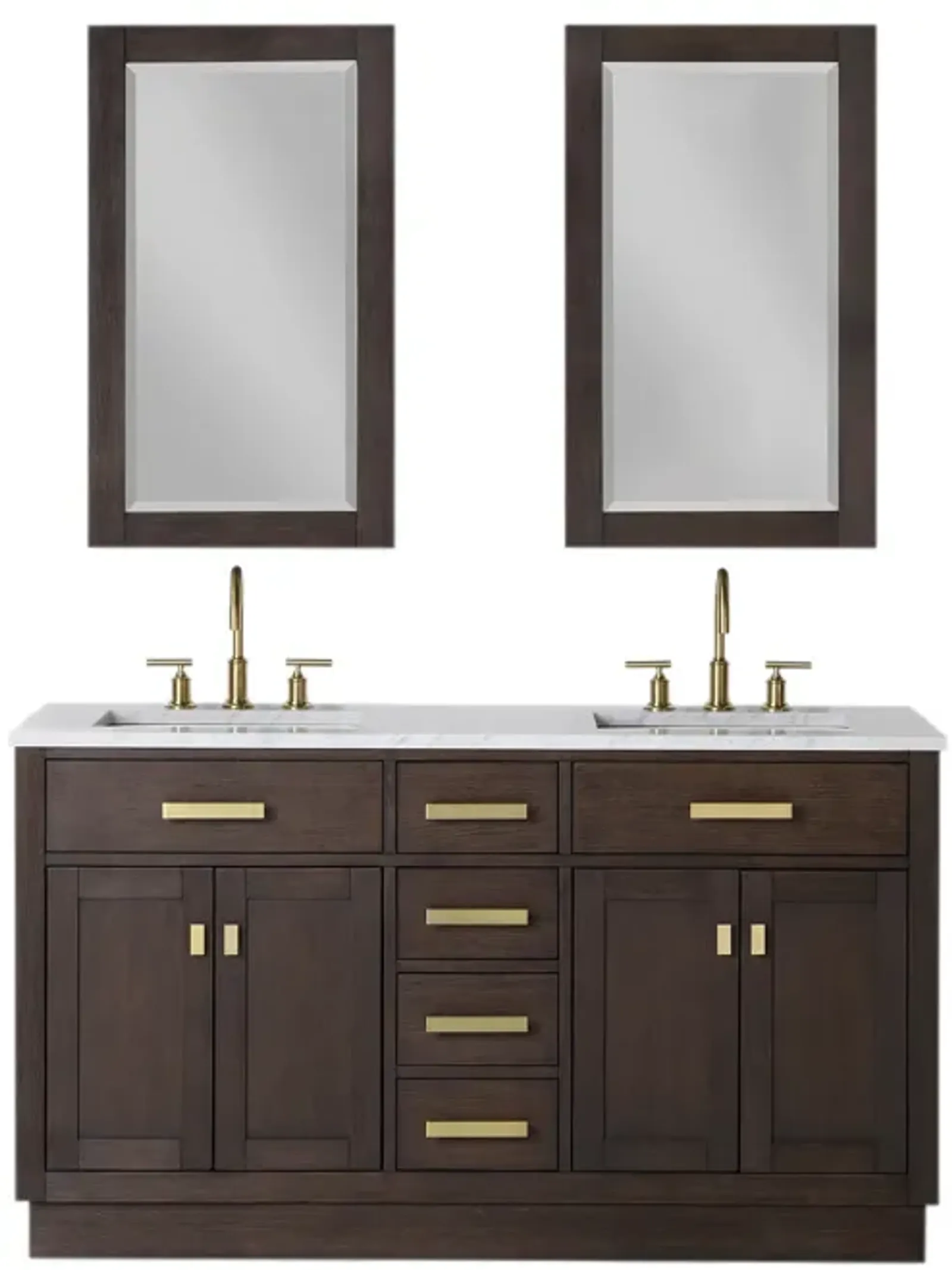 Chestnut 60 In. Double Sink Carrara White Marble Countertop Bath Vanity In Brown Oak with Satin Gold Hardware, Gooseneck Faucet and Rectangular Mirror (S)