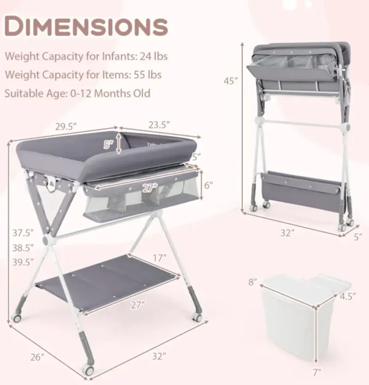 Hivvago Portable Baby Changing Table with 3-Level Adjustable Height