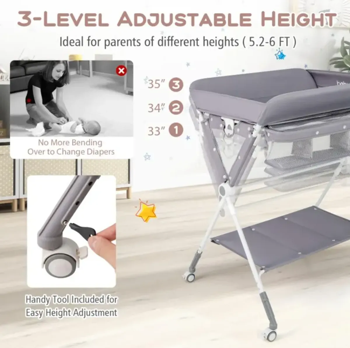 Hivvago Portable Baby Changing Table with 3-Level Adjustable Height