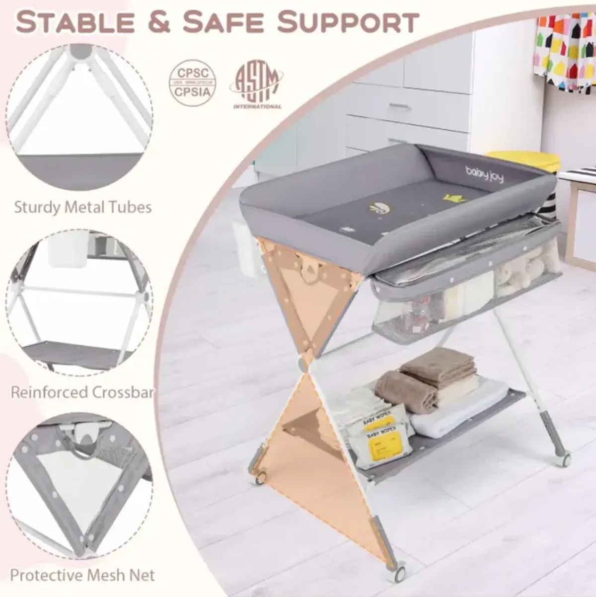 Hivvago Portable Baby Changing Table with 3-Level Adjustable Height