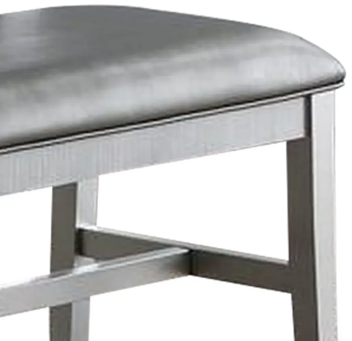 Joy 54 Inch Luxury Dining Bench, Silver, Padded Metallic Gray Faux Leather-Benzara