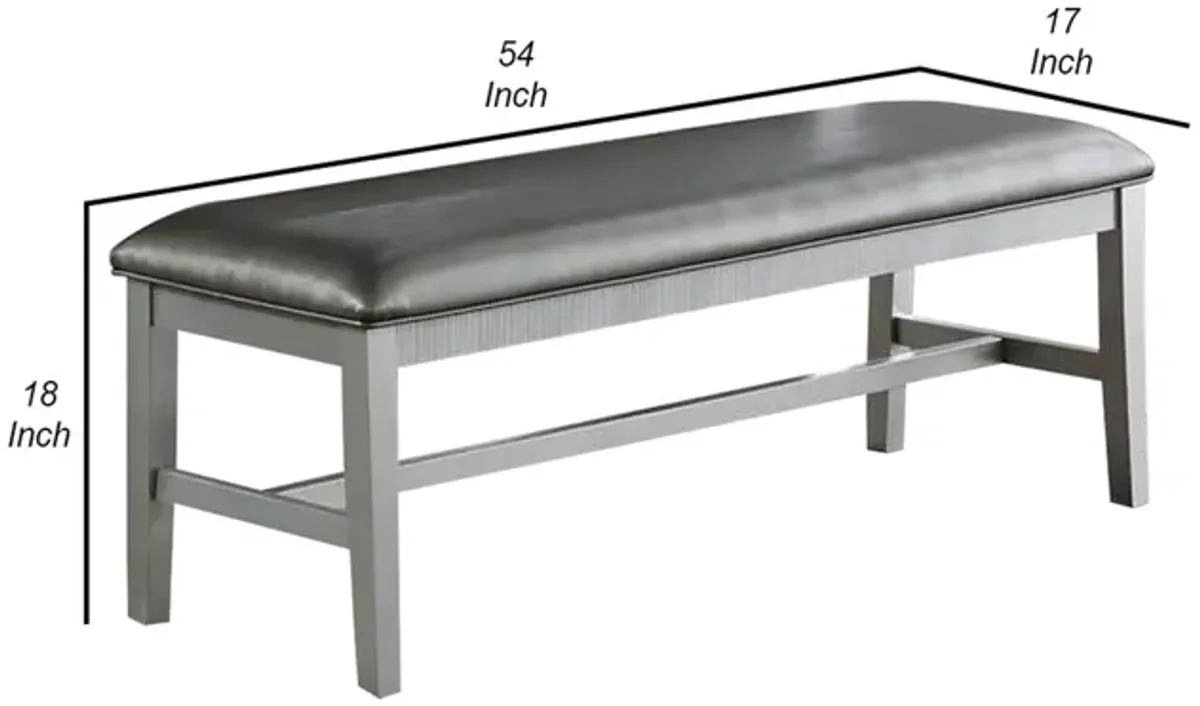 Joy 54 Inch Luxury Dining Bench, Silver, Padded Metallic Gray Faux Leather-Benzara