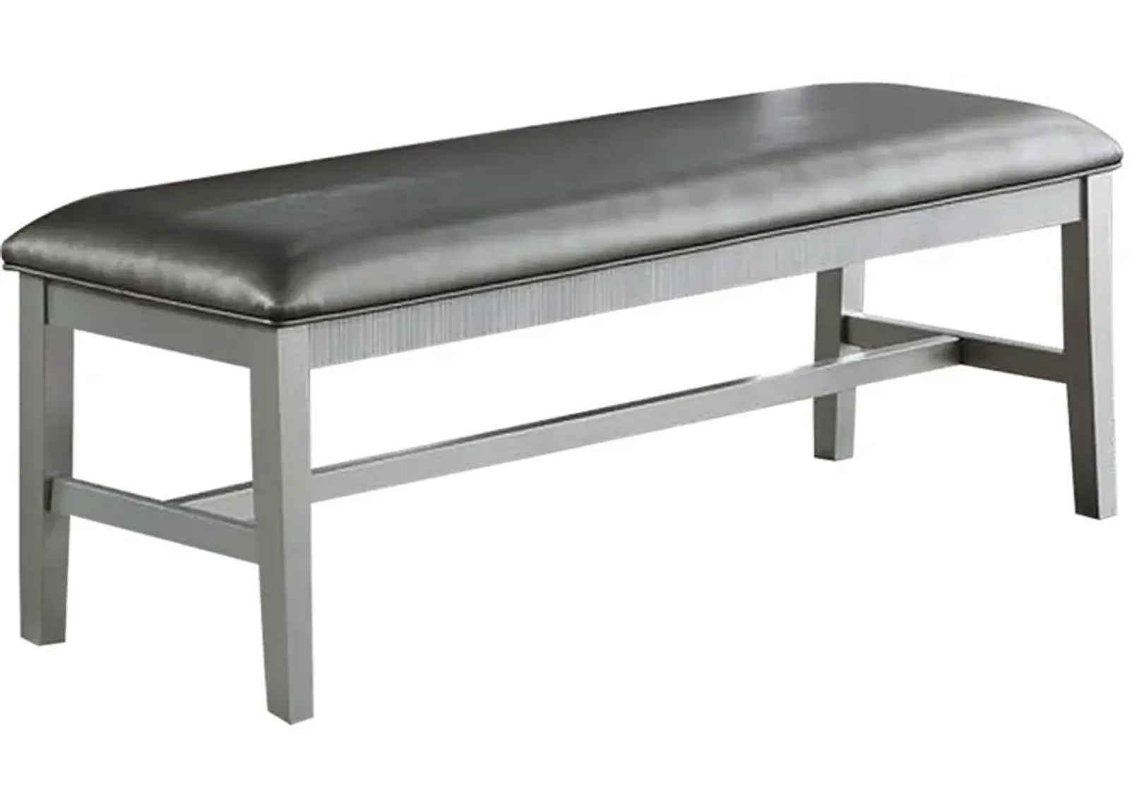 Joy 54 Inch Luxury Dining Bench, Silver, Padded Metallic Gray Faux Leather-Benzara