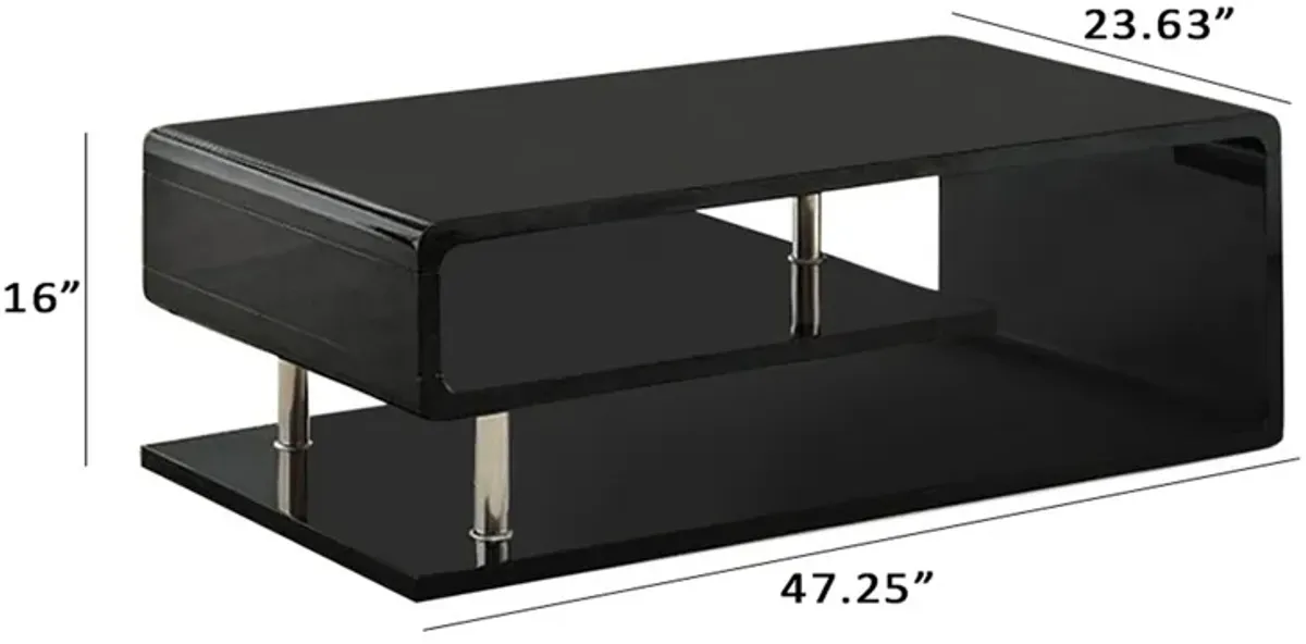 Wooden Coffee Table with Curling Shelf and Metal Poles, Black-Benzara