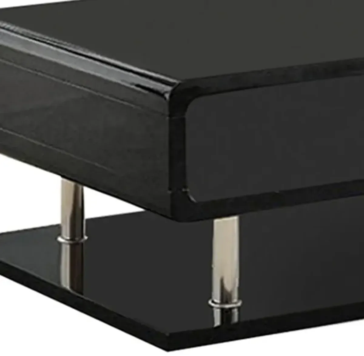 Wooden Coffee Table with Curling Shelf and Metal Poles, Black-Benzara