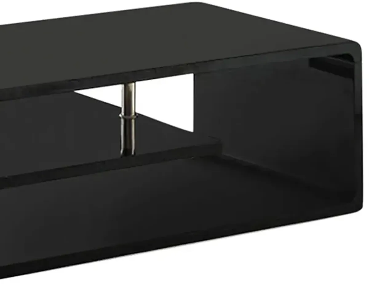 Wooden Coffee Table with Curling Shelf and Metal Poles, Black-Benzara