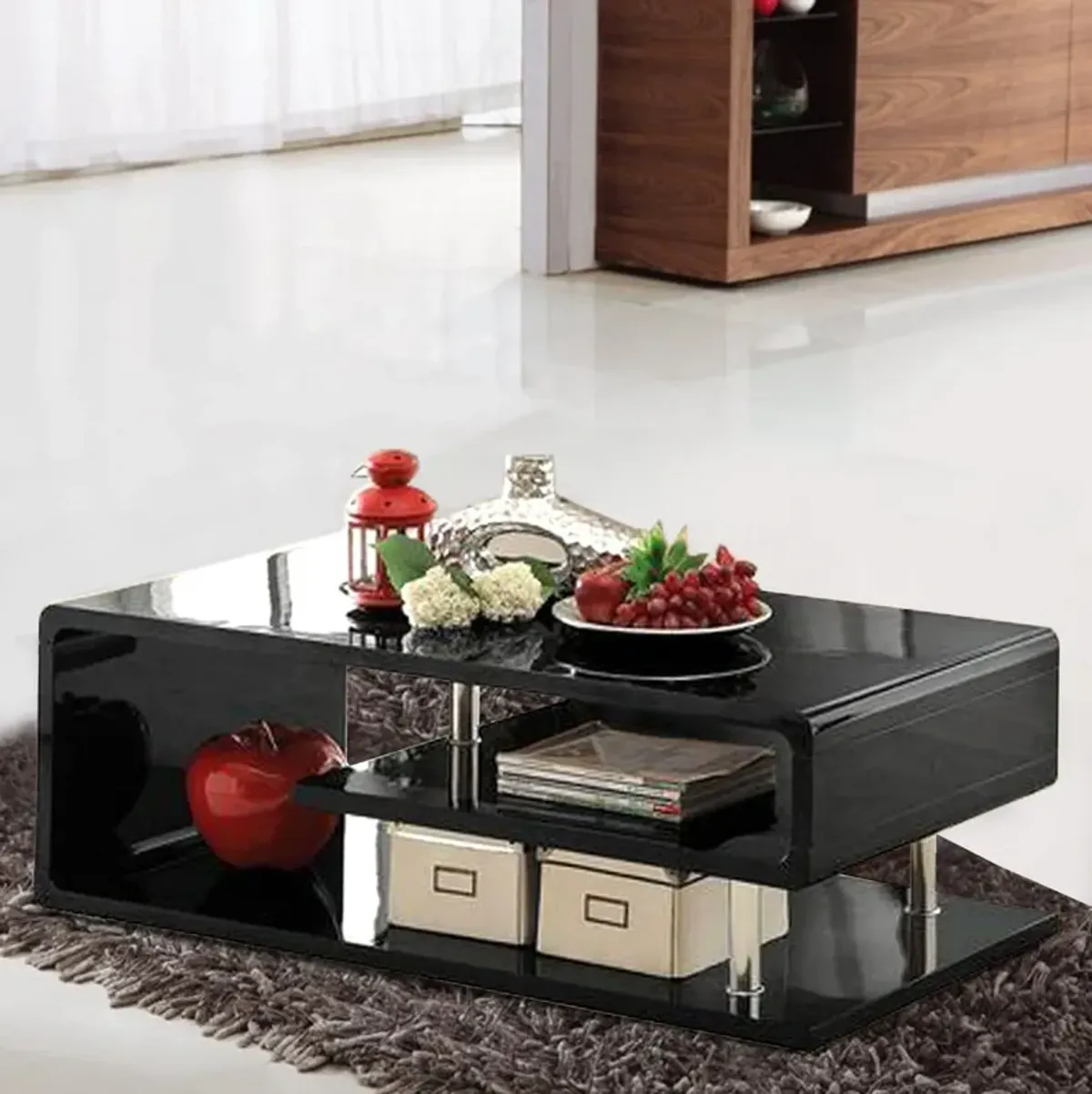 Wooden Coffee Table with Curling Shelf and Metal Poles, Black-Benzara