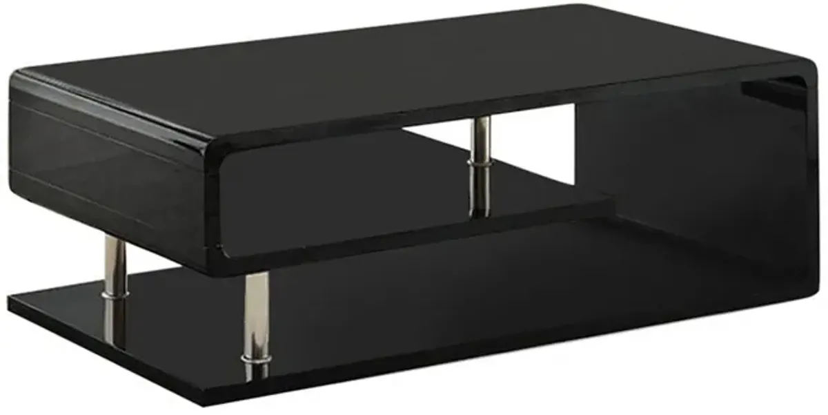 Wooden Coffee Table with Curling Shelf and Metal Poles, Black-Benzara