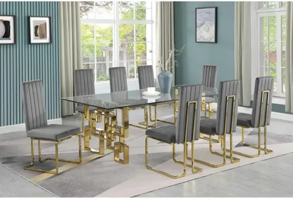9-piece glam dining set with 8 Dark grey chairs and one 95" glass  table