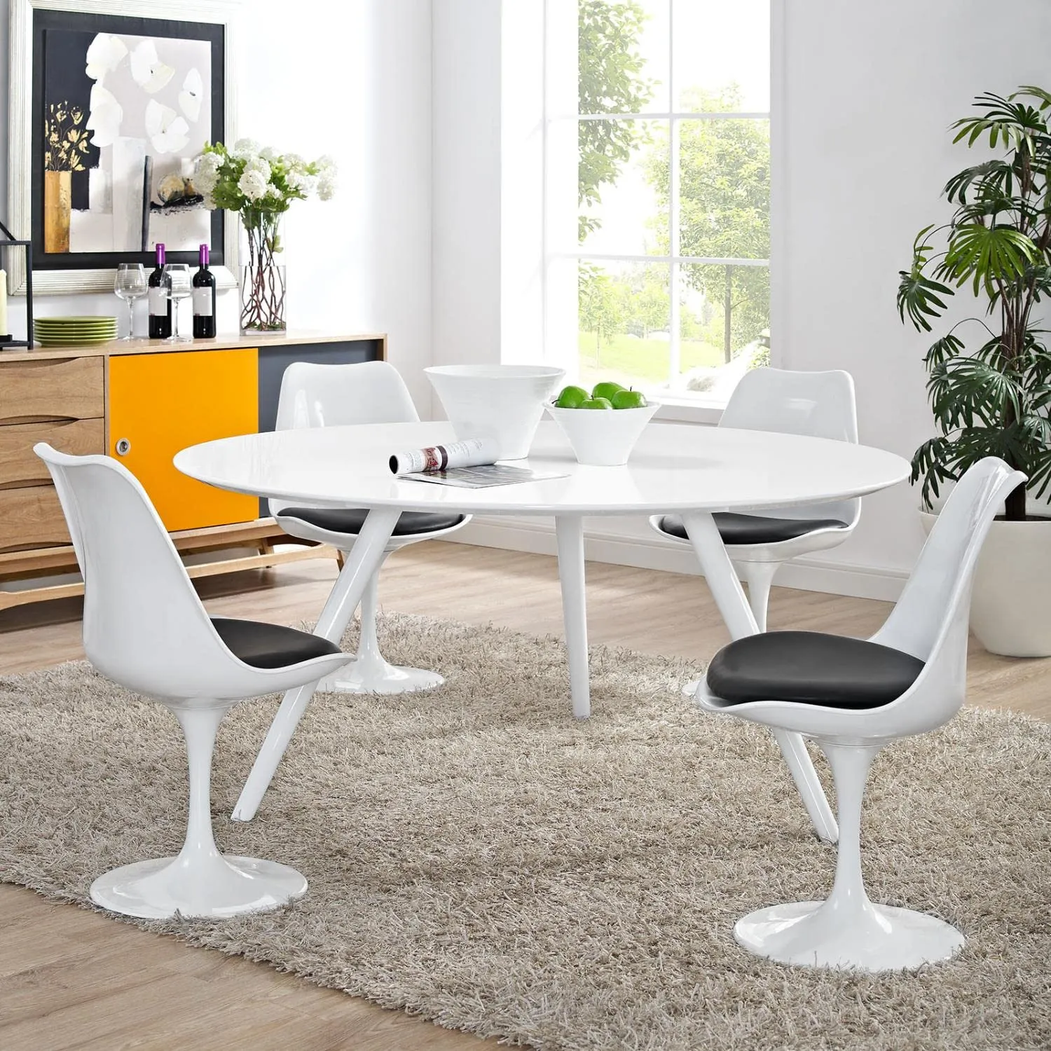 Modway Lippa 60" Mid-Century Modern Dining Table with Round White Top and Tripod Base in White