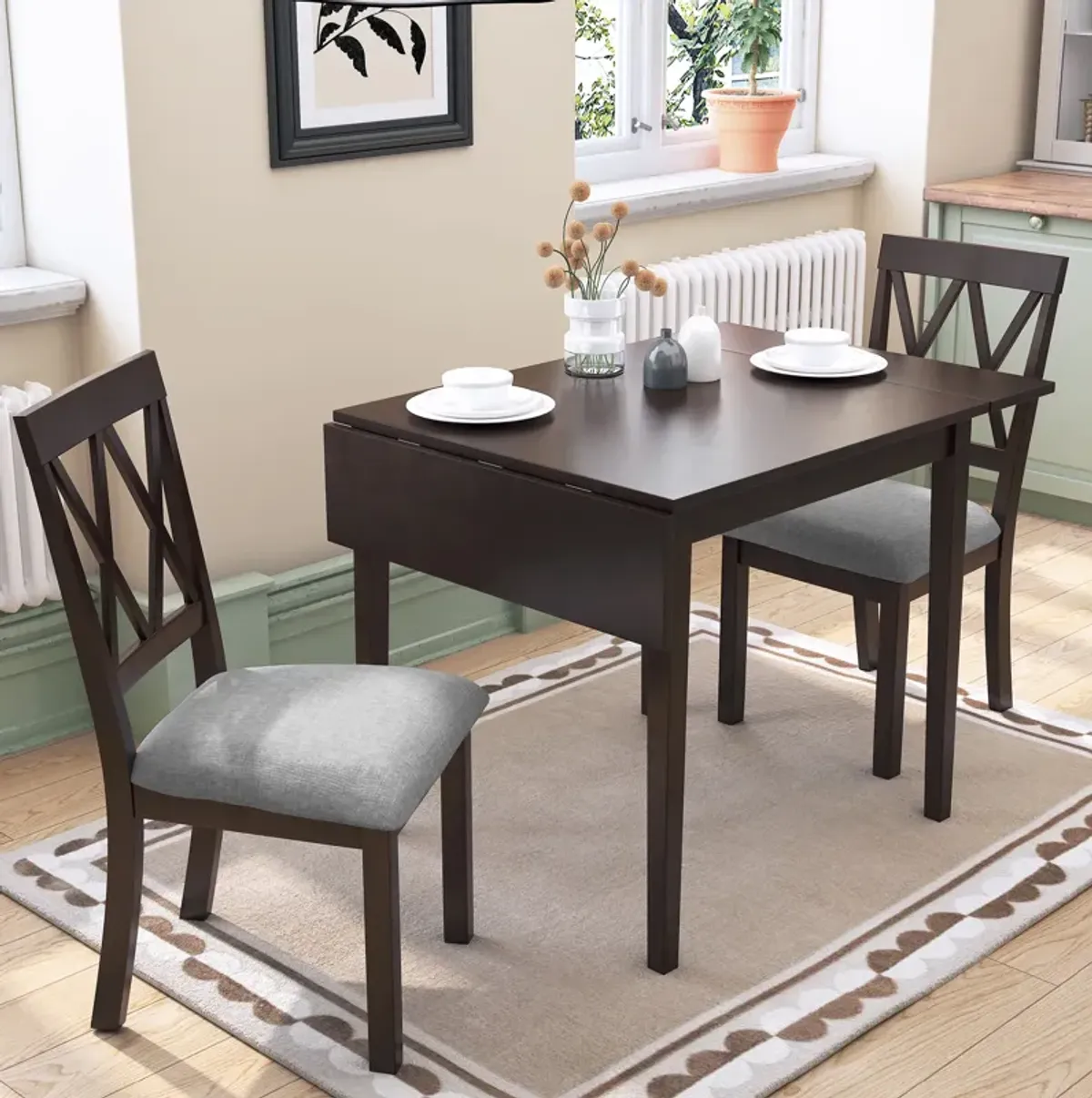 Merax Extendable Dining Table and 2 Upholstered Chairs Dining Set