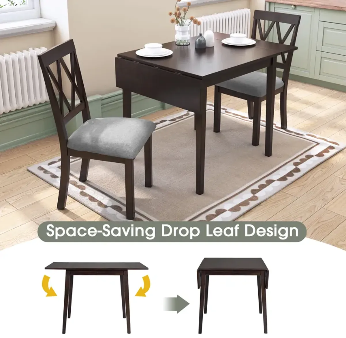 Merax Extendable Dining Table and 2 Upholstered Chairs Dining Set