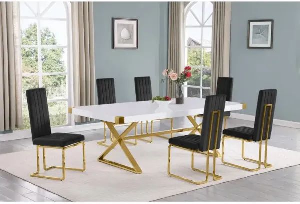 Best Quality Furniture 7pc Large(94) white wood top dining set with gold base and 6 Black side chairs