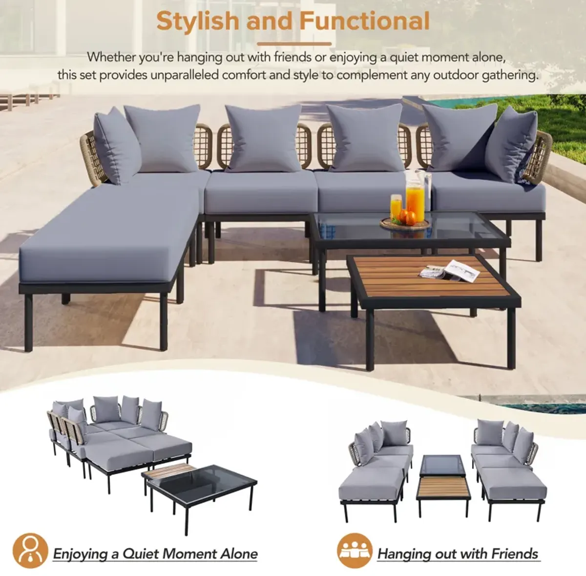 Merax Multifunctional 8 Pieces Patio Sectional Sofa Set