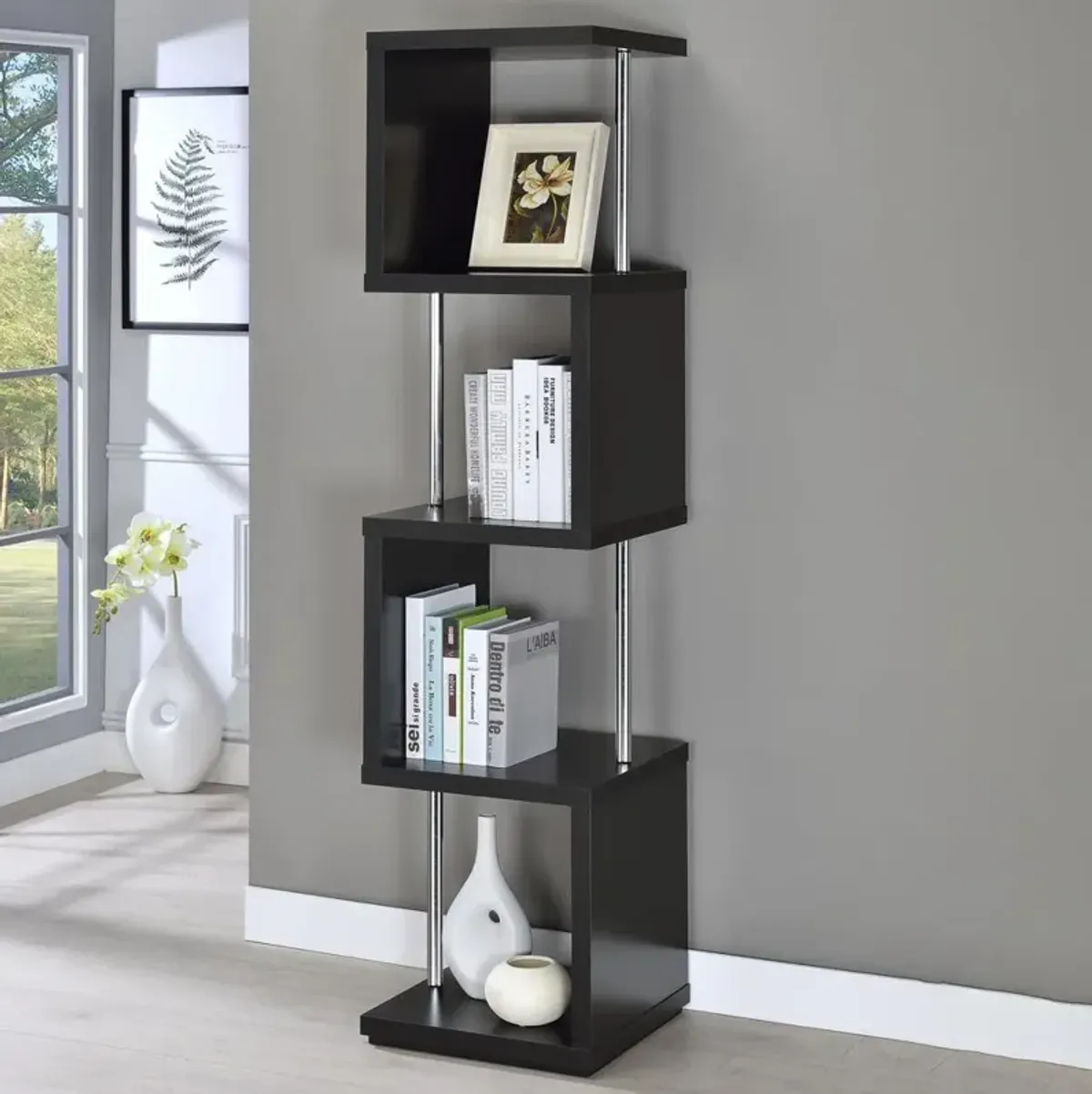 Baxter 4-shelf Bookcase Black and Chrome