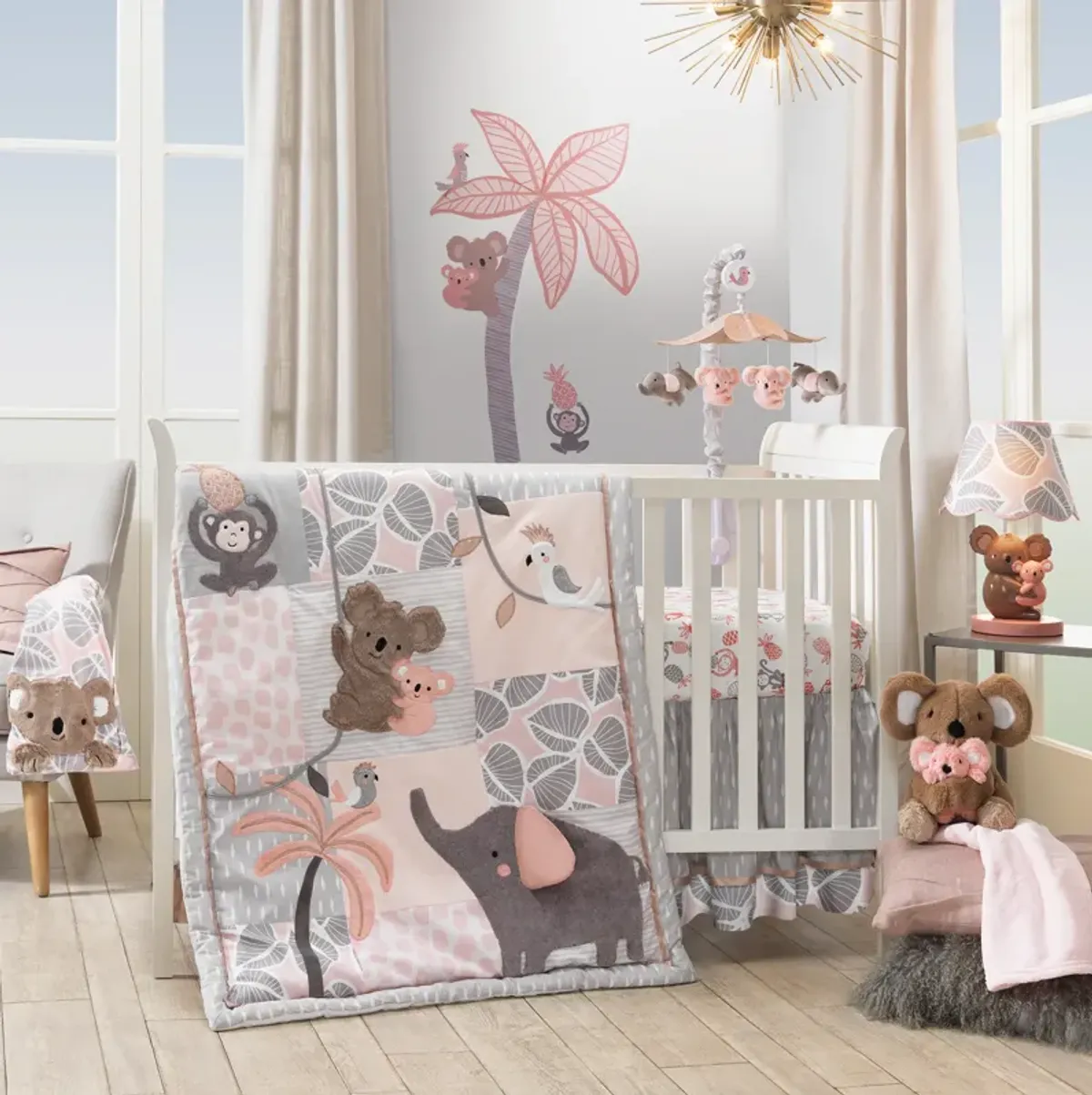 Lambs & Ivy Calypso Cotton Fitted Crib Sheet - Pink, Gray, White, Animals